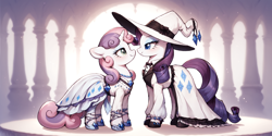 Size: 2400x1200 | Tagged: safe, ai content, derpibooru import, machine learning generated, rarity, sweetie belle, pony, g4, clothes, dress, duo, female, incest, lesbian, prompter:greesys, raricest, ship:raribelle, shipping, siblings, sisters