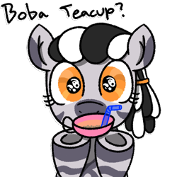 Size: 500x500 | Tagged: safe, artist:wren, derpibooru import, oc, oc only, oc:slow sipper, zebra, bubble tea, cup, drink, female, hairband, holding, looking at you, mare, simple background, solo, straw, teacup, transparent background, zebra oc