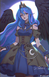 Size: 900x1412 | Tagged: safe, artist:gongxiao zao, derpibooru import, princess luna, human, bowtie, chains, clothes, corset, cowboy shot, detached collar, dress, female, fingerless gloves, full moon, gloves, humanized, looking at you, moon, multicolored hair, signature, solo, starry night, weibo, winged humanization, wings