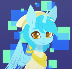 Size: 2787x2667 | Tagged: safe, artist:belka-sempai, derpibooru import, oc, oc only, oc:lumiere eleve, pegasus, pony, blue mane, clothes, disguise, disguised changeling, folded wings, golden eyes, hat, looking at you, not alicorn, pegasus oc, scarf, square, wings