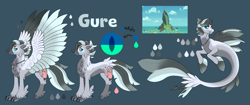 Size: 3539x1490 | Tagged: safe, artist:malinraf1615, derpibooru import, oc, oc:gure, classical hippogriff, hippogriff, seapony (g4), amputee, dorsal fin, fin, fin wings, fins, fish tail, flowing mane, flowing tail, looking at you, male, ocean, reference sheet, scales, seaponified, smiling, smiling at you, solo, species swap, sunlight, swimming, tail, water, wings