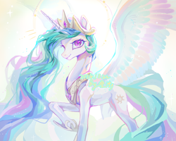 Size: 2953x2362 | Tagged: safe, artist:shiqiuzhu, derpibooru import, princess celestia, alicorn, pony, g4, crown, female, gradient background, jewelry, mare, regalia, slender, smiling, solo, spread wings, thin, wings