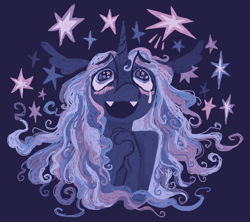 Size: 1108x983 | Tagged: safe, artist:peaceandlove26, derpibooru import, princess luna, alicorn, anthro, g4, alternate mane color, blue coat, blue eyes, blushing, bust, crying, curly hair, curly mane, ears, ethereal mane, eyebrows, eyebrows visible through hair, fangs, female, floppy ears, freckles, hands together, implied lesbian, implied shipping, implied twilight sparkle, implied twiluna, lineless, long ears, long mane, looking up, mare, open mouth, open smile, smiling, solo, starry background, starry eyes, stars, white-haired luna, wingding eyes