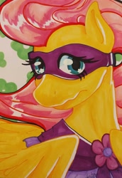 Size: 2253x3278 | Tagged: safe, artist:fleiiha, derpibooru import, fluttershy, saddle rager, pegasus, pony, g4, element of kindness, elements of harmony, marker drawing, original art, original style, power ponies, solo, traditional art