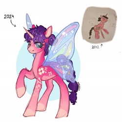 Size: 2048x2048 | Tagged: safe, artist:ametff3, derpibooru import, oc, alicorn, pony, alicorn oc, blue eyes, braid, braided tail, butterfly wings, coat markings, colored horn, colored pinnae, countershading, eye markings, eyelashes, facial markings, female, female oc, glimmer wings, gradient legs, gradient mane, hair tie, high res, horn, leg markings, looking back, mane tie, mare, mare oc, mealy mouth (coat marking), pale belly, pale muzzle, pink coat, purple mane, purple tail, raised hoof, raised leg, redraw, shiny eyes, signature, simple background, smiling, solo, spread wings, standing on three hooves, star (coat marking), tail, tail tie, tied mane, tied tail, traditional art, transparent wings, unicorn horn, unnamed oc, white background, wings