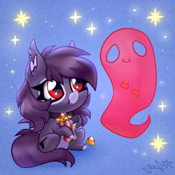 Size: 2000x2000 | Tagged: safe, derpibooru import, oc, oc:pestyskillengton, bat pony, ghost, pony, undead, candy, chibi, collar, eating, female, food, halloween, holiday, mare, solo