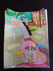 Size: 750x1000 | Tagged: oc name needed, safe, artist:yenne97, derpibooru import, discord, fluttershy, oc, draconequus, hybrid, pegasus, pony, baby, crayon drawing, discoshy, female, fluttershy's cottage, interspecies offspring, male, offspring, parent:discord, parent:fluttershy, parents:discoshy, shipping, sitting, straight, traditional art