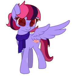 Size: 929x982 | Tagged: safe, artist:3173_delta, derpibooru import, oc, oc only, oc:featherbrain, pegasus, pony, g4, base used, clothes, digital art, female, mare, pegasus oc, pink hair, pink mane, pink tail, purple coat, red eyes, scarf, simple background, solo, tail, white background, wings