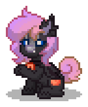 Size: 180x220 | Tagged: safe, derpibooru import, oc, oc only, oc:wild peach, bat pony, pony, g4, bat pony oc, bat wings, black coat, blue eyes, choker, digital art, fangs, female, jewelry, mare, necklace, pink hair, pink mane, pink tail, pixel art, pony town, raised hoof, raised leg, simple background, sitting, solo, tail, transparent background, wings