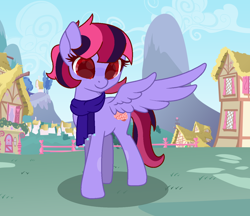 Size: 1278x1103 | Tagged: safe, artist:3173_delta, derpibooru import, oc, oc only, oc:featherbrain, pegasus, pony, g4, base used, clothes, digital art, female, mare, pegasus oc, pink hair, pink mane, pink tail, purple coat, red eyes, scarf, screencap background, solo, tail, wings