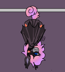 Size: 928x1026 | Tagged: safe, artist:arsonrabbit, derpibooru import, oc, oc only, oc:wild peach, bat pony, pony, g4, bat pony oc, bat wings, black coat, blue eyes, choker, digital art, female, hanging, hanging by tail, hanging upside down, jewelry, looking away, necklace, one eye closed, pink hair, pink mane, pink tail, purple background, signature, simple background, solo, tail, upside down, wings