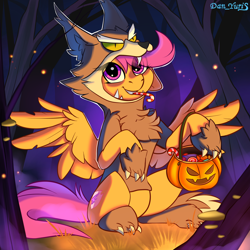 Size: 2024x2024 | Tagged: safe, alternate version, artist:yuris, derpibooru import, scootaloo, pegasus, pony, g4, advertisement, alternate character, animal costume, basket, belly, candy, clothes, commission, concave belly, costume, fog, food, forest, grass, halloween, holiday, mlp fim's fourteenth anniversary, multi ych "booo~", nature, night, older, older scootaloo, pumpkin, scootawolf, sitting, smiling, solo, sweat, tree, trick or treat, wolf costume, ych example, your character here