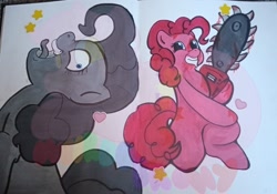 Size: 1218x852 | Tagged: safe, artist:weirdobr0ny, derpibooru import, pinkie pie, fanfic:cupcakes, g4, chainsaw, female