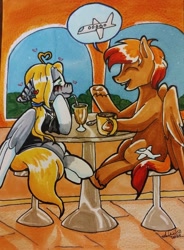 Size: 2296x3127 | Tagged: safe, artist:fleiiha, derpibooru import, oc, oc:fede, oc:goya nova, pegasus, pony, background, blushing, female, male, male oc, mare, marker drawing, pair, plane, shipping, shipping fuel, traditional art