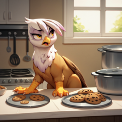 Size: 1024x1024 | Tagged: safe, ai content, derpibooru import, machine learning generated, gilda, griffon, g4, anonymous prompter, beak, chocolate chip cookie, cookie, food, indoors, kitchen, open beak, open mouth, oven, pot, solo, tray, window