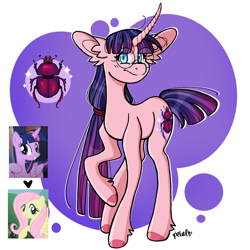 Size: 1200x1200 | Tagged: safe, artist:petaltheartist, derpibooru import, fluttershy, twilight sparkle, twilight sparkle (alicorn), oc, oc:tulip sparkle, alicorn, pony, unicorn, female, glasses, horn, magical lesbian spawn, mare, offspring, parent:fluttershy, parent:twilight sparkle, parents:twishy