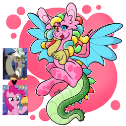 Size: 1200x1200 | Tagged: safe, artist:petaltheartist, derpibooru import, discord, pinkie pie, oc, oc:sour bubble tootsie pop, draconequus, cupcake, food, interspecies offspring, offspring, parent:discord, parent:pinkie pie, parents:discopie, third eye