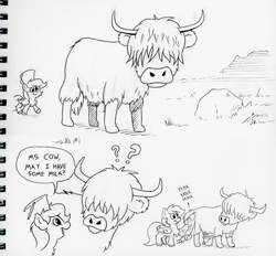 Size: 944x877 | Tagged: safe, artist:lost marbles, derpibooru import, derpy hooves, cow, pegasus, pony, g4, black and white, bucket, comic, dialogue, grayscale, highland cow, horns, monochrome, tail, traditional art