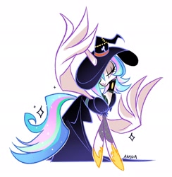 Size: 1996x2048 | Tagged: safe, artist:akada, derpibooru import, princess celestia, alicorn, black dress, choker, clothes, costume, dress, ethereal mane, ethereal tail, feathered wings, female, halloween, halloween costume, hat, horn, lidded eyes, pink eyes, signature, simple background, solo, solo female, tail, tiptoe, white background, white fur, wings, witch hat, witch outfit