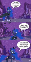 Size: 1285x2523 | Tagged: safe, artist:dashiesparkle, artist:fruft, derpibooru import, princess luna, alicorn, pony, g4, 3 panel comic, bat cloak, cloak, clothes, comic, female, mare, night, ponyville, solo, talking to viewer