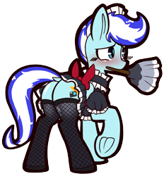 Size: 1968x2121 | Tagged: safe, artist:chiefywiffy, derpibooru import, oc, oc only, oc:snowy pop, pegasus, pony, blue eyes, blushing, bow, bowtie, clothes, commission, crossdressing, duster, embarrassed, fishnet clothing, fishnet stockings, maid, maid headdress, male, pegasus oc, simple background, solo, solo male, stockings, thigh highs, transparent background, two toned mane, ych result