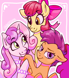 Size: 1696x1896 | Tagged: safe, artist:angietswing, derpibooru import, apple bloom, scootaloo, sweetie belle, earth pony, pegasus, pony, unicorn, g4, abstract background, bracelet, cutie mark crusaders, female, filly, foal, horn, jewelry, necklace, pearl necklace, trio