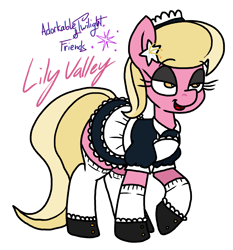 Size: 2010x2154 | Tagged: safe, artist:adorkabletwilightandfriends, derpibooru import, lily, lily valley, comic:adorkable twilight and friends, g4, adorkable, adorkable friends, clothes, colored, costume, cute, dork, dress, female, maid, maid headdress, mare, open mouth, open smile, outfit, patreon, patreon link, poster, promotional art, pupils, shoes, smiling, socks