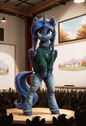 Size: 800x1169 | Tagged: safe, ai content, derpibooru import, generator:pony diffusion v6 xl, generator:stable diffusion, machine learning generated, princess luna, alicorn, pony, semi-anthro, g4, 8 mile, bipedal, braid, clothes, cross, cross necklace, crowd, denim, female, indoors, jeans, jewelry, mare, necklace, pants, prompter:gregorymars, rap battle, solo, stage, standing, sweater