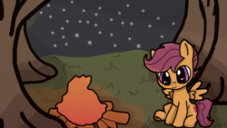 Size: 1920x1080 | Tagged: safe, artist:background_pon3, derpibooru import, scootaloo, pegasus, pony, g4, campfire, cute, cutie mark, female, filly, fire, foal, forest, moon, nature, night, shading, solo, stars, tree, wings