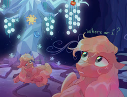 Size: 1700x1300 | Tagged: safe, artist:abbytabbys, derpibooru import, applejack, earth pony, pony, g4, alternate universe, blonde, blonde mane, blonde tail, broken destiny au, cave, colored eyebrows, colored pupils, dialogue, ears, element of honesty, eyebrows, eyelashes, female, floppy ears, freckles, frown, green eyes, green pupils, green text, hatless, indoors, long mane, long tail, looking away, looking down, looking up, lying down, mare, missing accessory, orange coat, prone, raised eyebrow, raised hoof, raised leg, screencap background, shiny mane, shiny tail, solo, tail, talking, tree of harmony, waking up