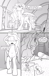 Size: 1500x2322 | Tagged: safe, artist:tsitra360, derpibooru import, princess celestia, oc, oc:vanilla beam, alicorn, earth pony, pony, 2d, black and white, butt, chest fluff, commission, dialogue, duo, earth pony oc, feathered wings, female, fur, grayscale, horn, indoors, male, mare, micro, monochrome, plot, stallion, sternocleidomastoid, thought bubble, wings, word bubble