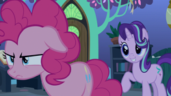 Size: 1920x1080 | Tagged: safe, derpibooru import, screencap, pinkie pie, starlight glimmer, earth pony, unicorn, g4, the maud couple, duo, duo female, ears, female, floppy ears, frown, horn, pinkie pie is not amused, standing, starlight's room, twilight's castle, unamused