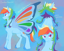 Size: 2000x1600 | Tagged: safe, artist:abbytabbys, derpibooru import, rainbow dash, butterfly, hybrid, pony, g4, alternate hairstyle, alternate universe, blue hooves, broken destiny au, butterfly pony, butterfly wings, colored eyebrows, colored hooves, colored pupils, colored wings, eyebrows, eyebrows visible through hair, eyelashes, female, frown, glimmer wings, hooves, looking at you, mare, multicolored hair, multicolored mane, multicolored tail, multicolored wings, multiple angles, pink eyes, profile, purple pupils, question mark, rainbow hair, rainbow tail, rainbow wings, rear view, reference sheet, short hair rainbow dash, short mane, solo, sparkles, spiky mane, spread wings, standing, tail, three quarter view, transformed, unshorn fetlocks, wings, yellow text