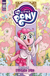 Size: 2063x3131 | Tagged: safe, artist:brenda hickey, derpibooru import, idw, pinkie pie, crystal pony, earth pony, human, pony, seapony (g4), series:best of my little pony, equestria girls, g4, my little pony: the movie, bow, clothes, comic cover, cover, cover art, crystallized, cute, diapinkes, female, filly, filly pinkie pie, flower, foal, grin, hair bow, high res, mare, multeity, my little pony logo, official, official comic, older, older pinkie pie, open mouth, open smile, rainbow power, rainbow power-ified, seaponified, seapony pinkie pie, smiling, species swap, toga, too much pink energy is dangerous, younger