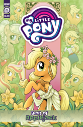 Size: 2063x3131 | Tagged: safe, artist:brenda hickey, derpibooru import, idw, applejack, crystal pony, earth pony, human, pony, seapony (g4), series:best of my little pony, equestria girls, g4, my little pony: the movie, applejack's hat, blank flank, braid, clothes, comic cover, cover, cover art, cowboy hat, crystallized, daffodil, female, filly, filly applejack, flower, foal, freckles, hat, high res, mare, my little pony logo, official, official comic, older, older applejack, plum blossom, rainbow power, rainbow power-ified, seaponified, seapony applejack, species swap, toga, younger