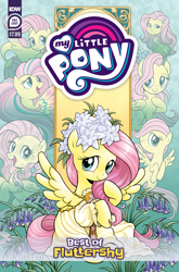 Size: 2063x3131 | Tagged: safe, artist:brenda hickey, artist:brendahickey, derpibooru import, idw, fluttershy, human, pegasus, pony, seapony (g4), series:best of my little pony, g4, bluebell (flower), clothes, comic cover, cover, cover art, dorsal fin, female, filly, filly fluttershy, fin, fin wings, fins, fish tail, floral head wreath, flower, flowing mane, flowing tail, foal, high res, my little pony logo, official, official comic, older, older fluttershy, rainbow power, rainbow power-ified, seaponified, seapony fluttershy, species swap, tail, toga, wings, younger