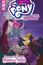 Size: 2063x3131 | Tagged: safe, artist:jenna ayoub, derpibooru import, idw, cheese sandwich, pinkie pie, earth pony, pony, g4, cheesepie, comic cover, cover, cover art, female, high res, male, my little pony classics reimagined: romeo and juliet, my little pony logo, official, official comic, romeo and juliet, shipping, stallion, straight