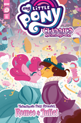 Size: 2063x3131 | Tagged: safe, artist:justasuta, derpibooru import, idw, cheese sandwich, pinkie pie, earth pony, pony, g4, cheesepie, comic cover, cover, cover art, female, high res, male, mare, my little pony classics reimagined: romeo and juliet, my little pony logo, official, official comic, romeo and juliet, shipping, stallion, straight