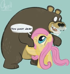 Size: 1426x1524 | Tagged: safe, artist:amynewblue, derpibooru import, fluttershy, bear, pegasus, pony, g4, :c, blue background, cocaine, cocaine bear, crying, drugs, fat, female, fluttershy being fluttershy, foaming at the mouth, frown, hug, larger male, mare, open mouth, physique difference, pinpoint eyes, signature, simple background, size difference, smaller female, speech bubble, thin