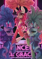 Size: 1353x1920 | Tagged: artist needed, safe, derpibooru import, emerald flare, sapphire sequins, sunset circus, earth pony, pony, g4, bedroom eyes, burlesque, clothes, costume, eyeshadow, female, licking, licking lips, looking at you, makeup, mare, midriff, plume, show mares, smiling, smiling at you, sultry pose, tongue, tongue out, trio