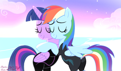 Size: 1723x1020 | Tagged: safe, artist:stephen-fisher, derpibooru import, rainbow dash, twilight sparkle, twilight sparkle (alicorn), alicorn, pegasus, pony, g4, beach, butt, clothes, duo, duo female, eyes closed, female, hug, lesbian, mare, outdoors, plot, shipping, swimsuit, twidash