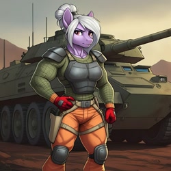 Size: 1024x1024 | Tagged: safe, ai content, derpibooru import, machine learning generated, big bell, anthro, pegasus, series:g.i. pony: a real equestrian hero, g4, afv, backstop, body armor, clothes, cosplay, costume, female, g.i. joe, generator:google imagen 3.0, hand on hip, military uniform, muscles, muscular female, outdoors, prompter:zerowinger, solo, uniform