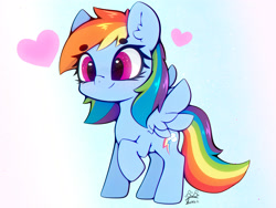 Size: 4000x3000 | Tagged: safe, artist:zokkili, derpibooru import, rainbow dash, pegasus, pony, g4, beanbrows, cute, dashabetes, ear fluff, ears, eyebrows, eyebrows visible through hair, female, heart, high res, mare, raised hoof, raised leg, signature, smiling, solo, spread wings, tail, wings