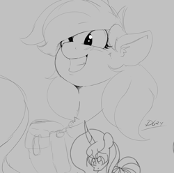 Size: 973x967 | Tagged: safe, artist:thelunarmoon, derpibooru import, derpy hooves, princess luna, alicorn, pegasus, pony, g4, bust, female, gray background, grayscale, grin, mare, monochrome, simple background, smiling, solo focus