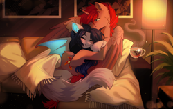 Size: 5000x3167 | Tagged: safe, artist:tyutya, derpibooru import, oc, oc:hardy, alicorn, bat pony, pony, blanket, blushing, cup, duo, ear fluff, ears, female, fluffy tail, high res, hug, indoors, male, mare, oc x oc, shipping, smiling, sofa, spread wings, stallion, straight, tail, teacup, wings