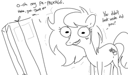 Size: 1334x790 | Tagged: safe, artist:tjpones, derpibooru import, wallflower blush, earth pony, pony, g4, black and white, dialogue, equestria girls ponified, female, grayscale, mare, monochrome, nervous, ponified, shivering, simple background, solo, species swap, white background