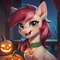 Size: 1024x1024 | Tagged: safe, ai content, derpibooru import, generator:pony diffusion v6 xl, generator:stable diffusion, machine learning generated, roseluck, earth pony, pony, g4, bust, collar, cute, fangs, fluffy, halloween, holiday, jack-o-lantern, looking at you, night, pet collar, pet tag, pony pet, portrait, prompter:doom9454, pumpkin, rosepet, solo