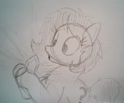 Size: 3054x2539 | Tagged: safe, artist:dhm, derpibooru import, oc, oc:anon filly, excited, female, filly, foal, gem, glowing, holding, monochrome, pencil drawing, pretty, shiny, sketch, solo, traditional art