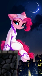 Size: 2250x4000 | Tagged: safe, artist:empress-twilight, derpibooru import, fili-second, pinkie pie, earth pony, pony, g4, bodysuit, city, clothes, commission, commissioner:loonex, ears, female, floppy ears, high res, looking at you, mare, moon, night, outdoors, ponies sitting like humans, power ponies, round belly, sitting, skyscraper, superhero costume, ych result