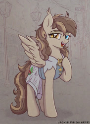 Size: 1024x1408 | Tagged: safe, ai content, derpibooru import, generator:pony diffusion v6 xl, generator:stable diffusion, machine learning generated, oc, oc only, oc:milky haven, bat pony, pony, city, clothes, dress, fangs, female, festral, heterochromia, mare, outdoors, prompt in description, prompter:jackiepie, smiling, spread wings, wings